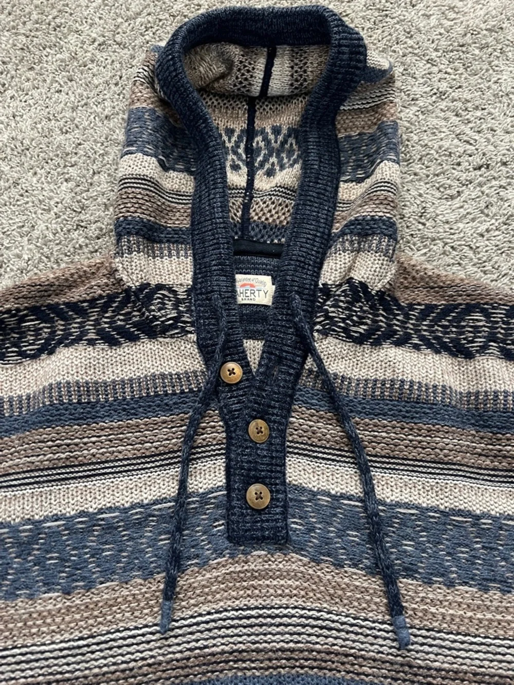 Faherty Men’s Baja Striped Knit Hooded Quarter Button Sweater Navy Tan - Size M